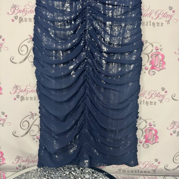 Tadashi shoji dress silk tiered Elegant Blue Sequin Dress sparkly blue - Picture 4 of 15